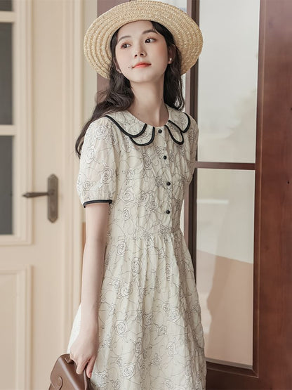 Short-Sleeve Collar Floral Midi A-Line Dress