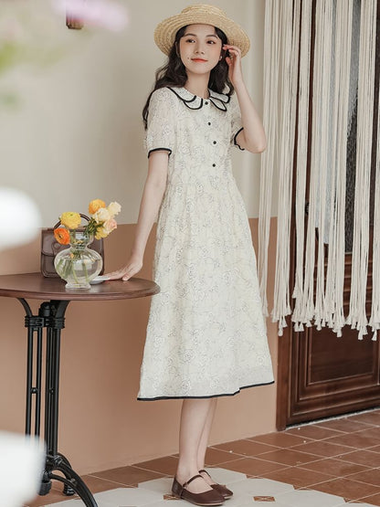 Short-Sleeve Collar Floral Midi A-Line Dress