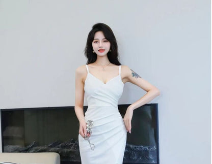 Spaghetti Strap V-Neck Plain Slit Mermaid Evening Gown