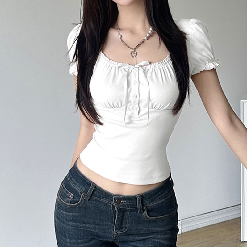 Ruffled-Trim Sleeve Slim-Fit Ribbon Bow Square-Neck Short Accent