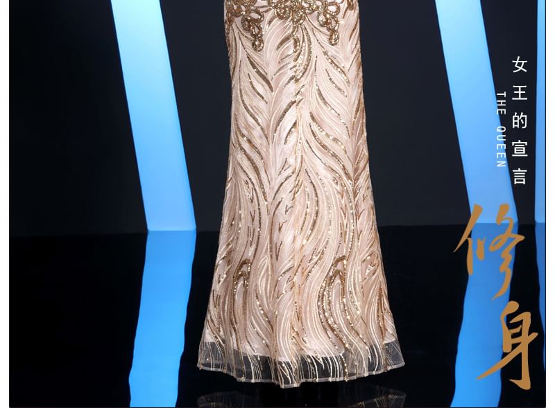 Neck Trumpet Gown Patterned Evening Short-Sleeve Sequin Round