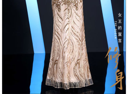 Neck Trumpet Gown Patterned Evening Short-Sleeve Sequin Round