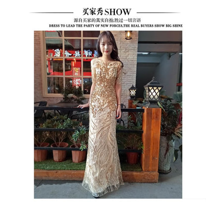 Neck Trumpet Gown Patterned Evening Short-Sleeve Sequin Round