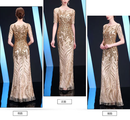 Neck Trumpet Gown Patterned Evening Short-Sleeve Sequin Round
