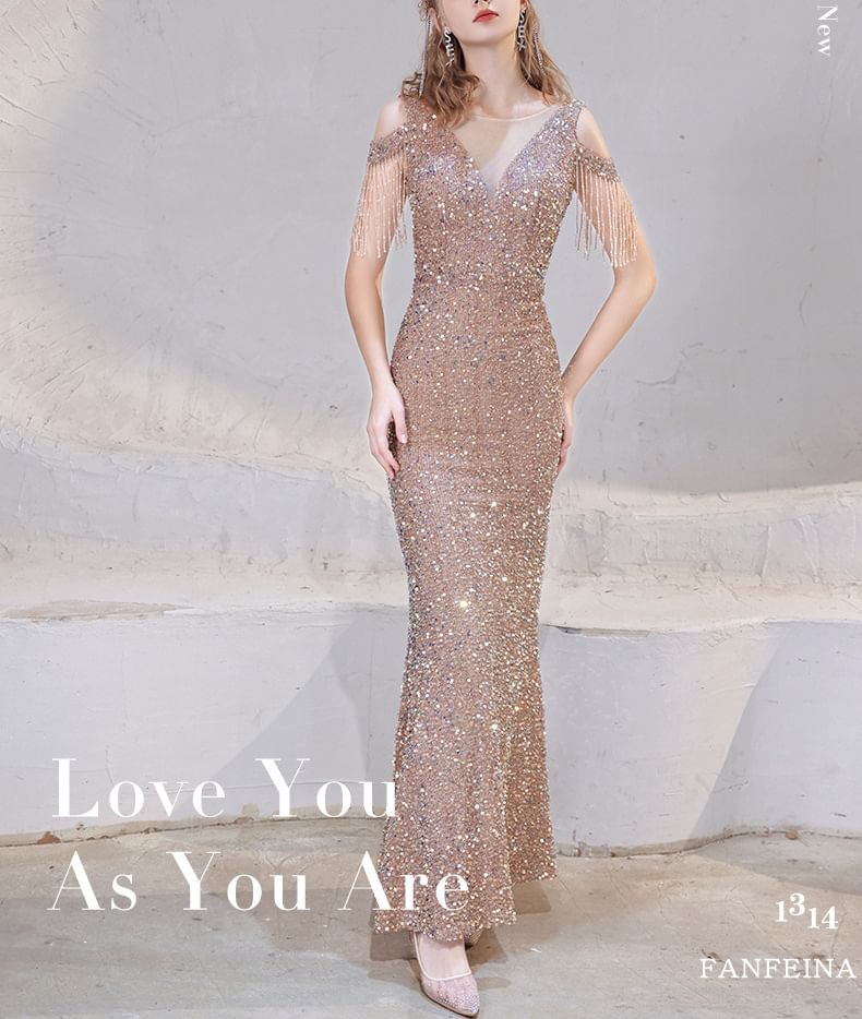 Cold Sequin Fringe Beaded Dress Trumpet Shoulder Sleeve Evening Cap