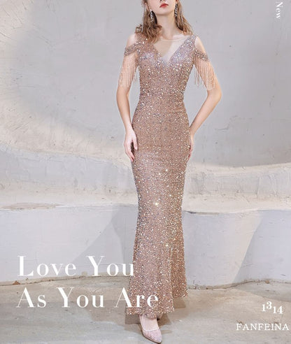 Cold Sequin Fringe Beaded Dress Trumpet Shoulder Sleeve Evening Cap