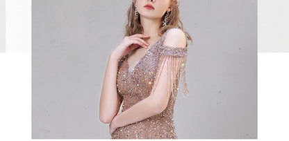 Cold Sequin Fringe Beaded Dress Trumpet Shoulder Sleeve Evening Cap