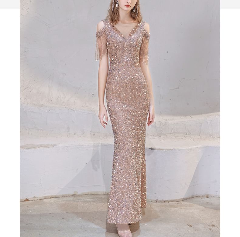 Cold Sequin Fringe Beaded Dress Trumpet Shoulder Sleeve Evening Cap