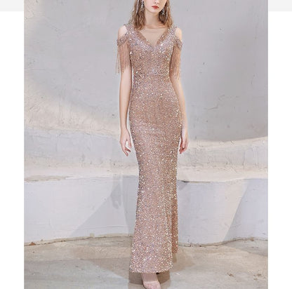 Cold Sequin Fringe Beaded Dress Trumpet Shoulder Sleeve Evening Cap