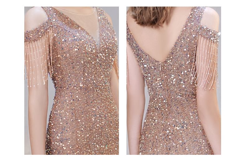 Cold Sequin Fringe Beaded Dress Trumpet Shoulder Sleeve Evening Cap