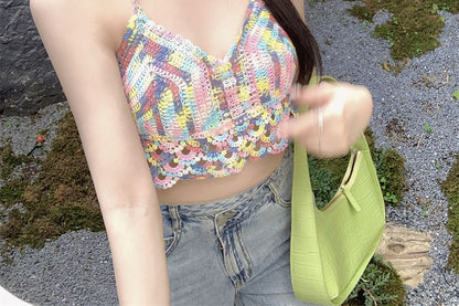 Patterned Crochet Cropped Halter Top