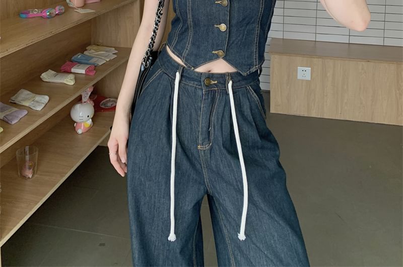 Set: Denim Button-Up Cropped Halter Top + High Waist Wide Leg Jeans