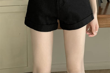 High Waist Roll Up Hem Denim Hot Pants