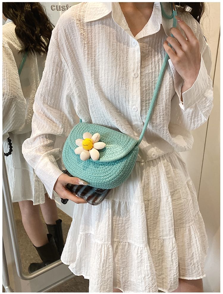 Floral Accent Woven Saddle Crossbody Bag