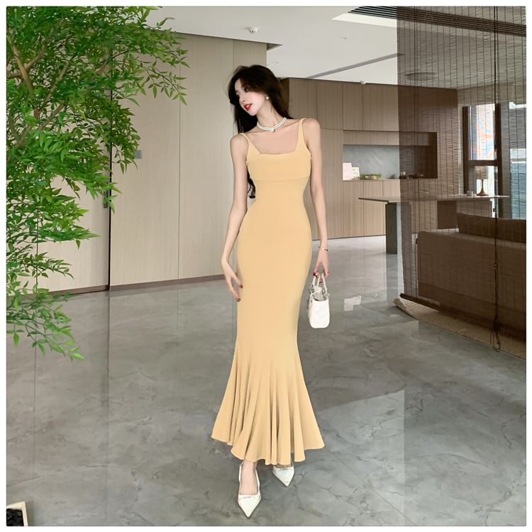 Sleeveless Square Neck Plain Open Back Maxi Mermaid Dress