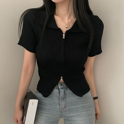 Short-Sleeve Collared Plain Zip Knit Top