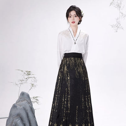 Traditional Chinese Long-Sleeve Top / Pleated Maxi A-Line Skirt