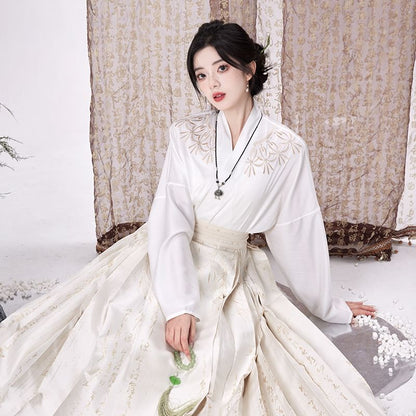 Traditional Chinese Long-Sleeve Top / Pleated Maxi A-Line Skirt