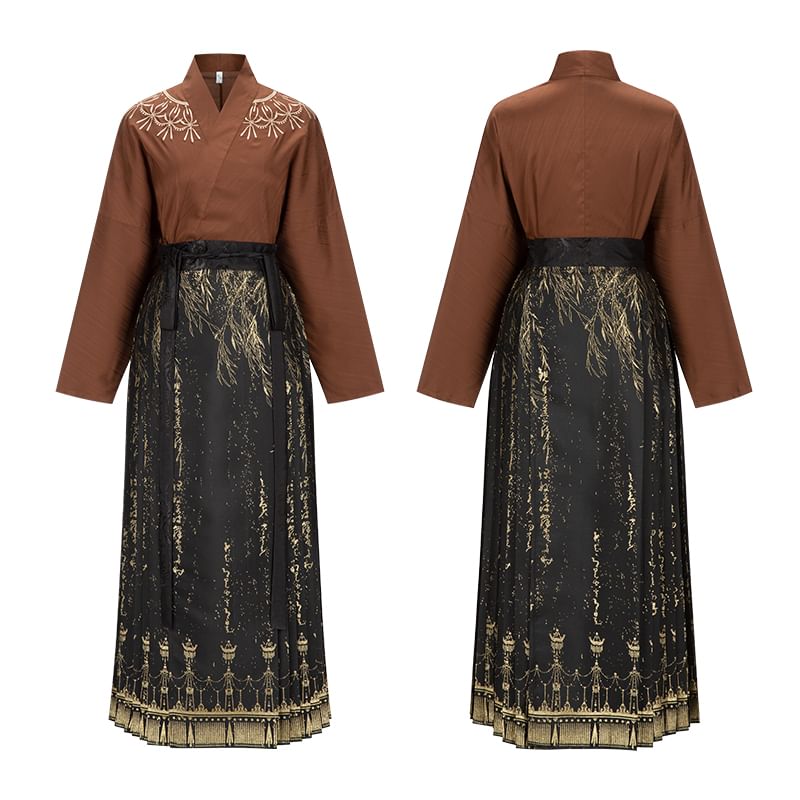 Traditional Chinese Long-Sleeve Top / Pleated Maxi A-Line Skirt