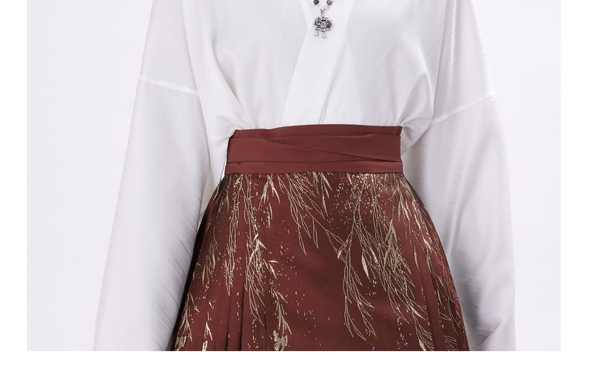 Traditional Chinese Long-Sleeve Top / Pleated Maxi A-Line Skirt