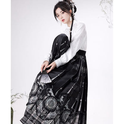 Traditional Chinese Long-Sleeve Top / Print Maxi A-Line Pleated Skirt / Set