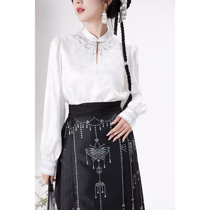 Traditional Chinese Long-Sleeve Top / Print Maxi A-Line Pleated Skirt / Set