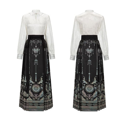 Traditional Chinese Long-Sleeve Top / Print Maxi A-Line Pleated Skirt / Set