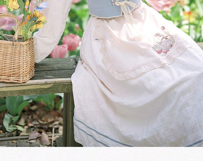 Mock Two-Piece Puff-Sleeve Square-Neck Ruffled Floral Embroidered Midi A-Line Dress / Embroidered Apron / Scarf / Set