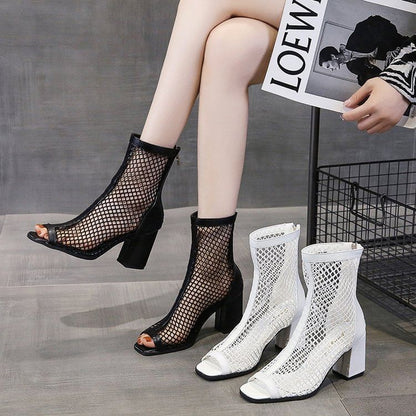 Block Heel Fishnet Short Boots