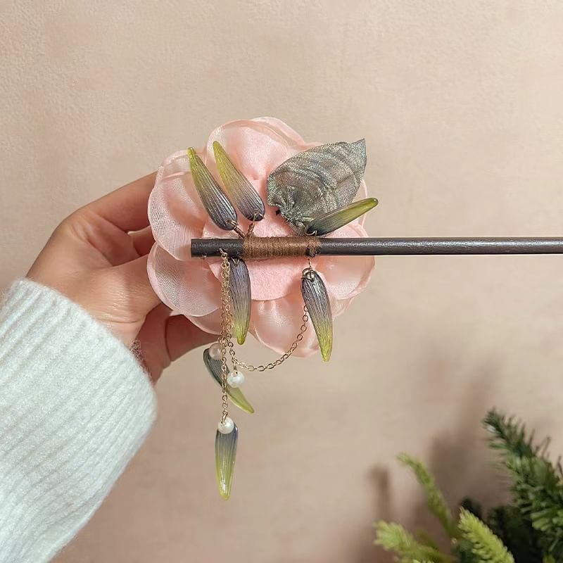 Floral Fabric Faux Pearl Wooden Hair Stick