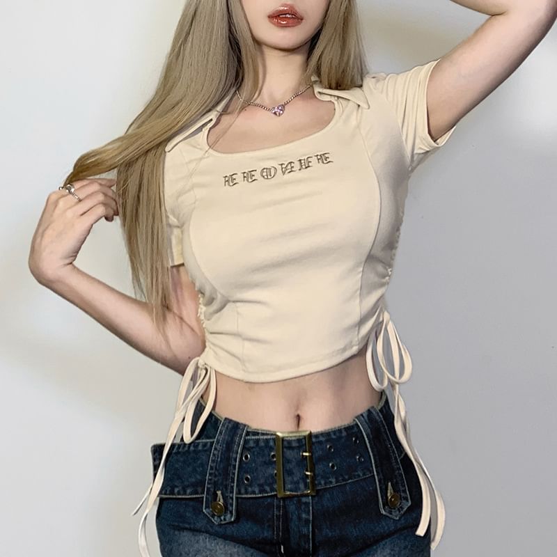 Drawstring T-Shirt Embroidered Letter Cropped Short-Sleeve