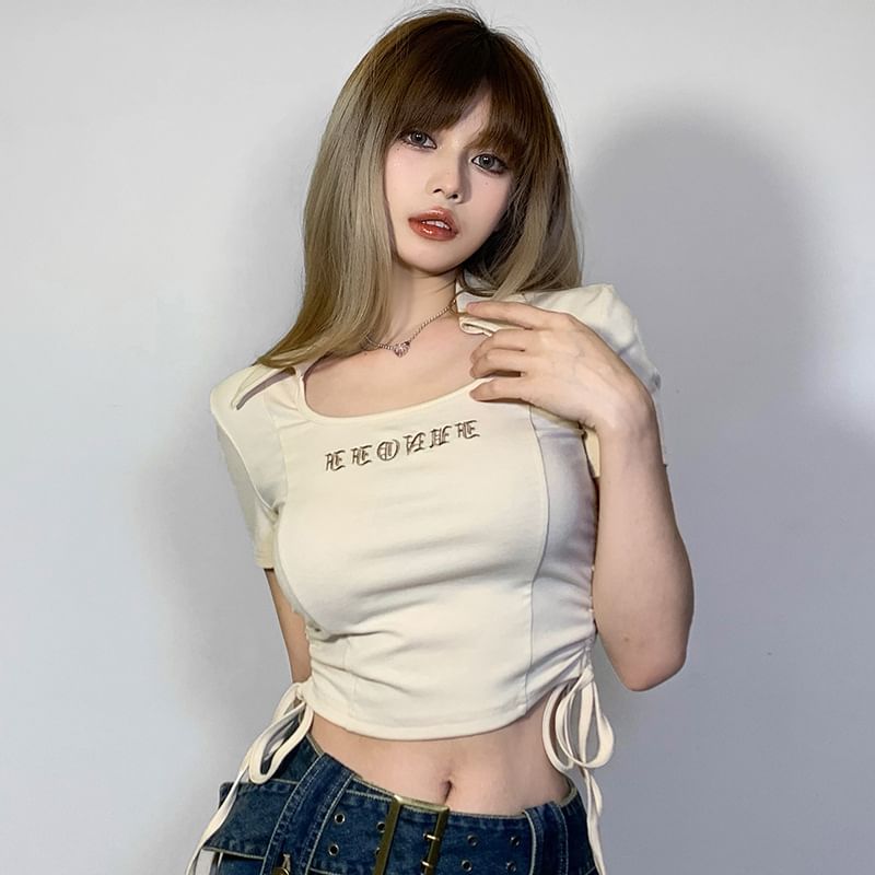 Drawstring T-Shirt Embroidered Letter Cropped Short-Sleeve