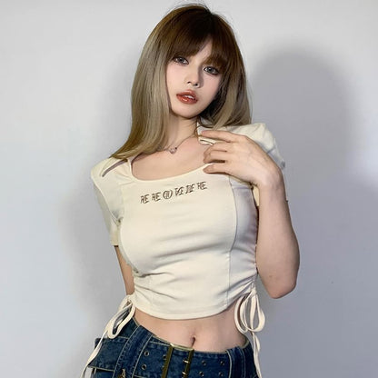 Drawstring T-Shirt Embroidered Letter Cropped Short-Sleeve