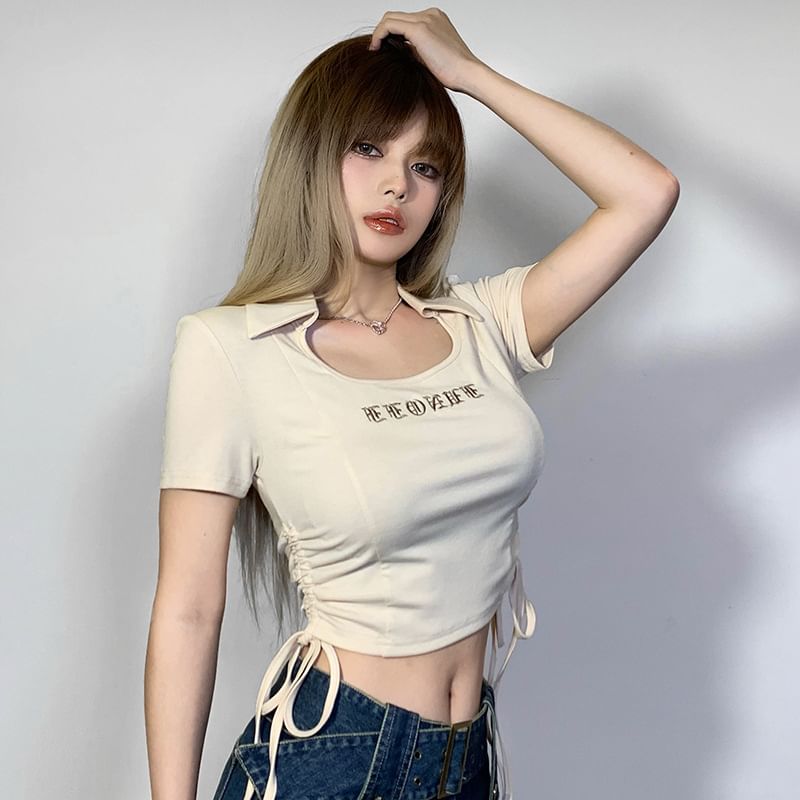 Drawstring T-Shirt Embroidered Letter Cropped Short-Sleeve