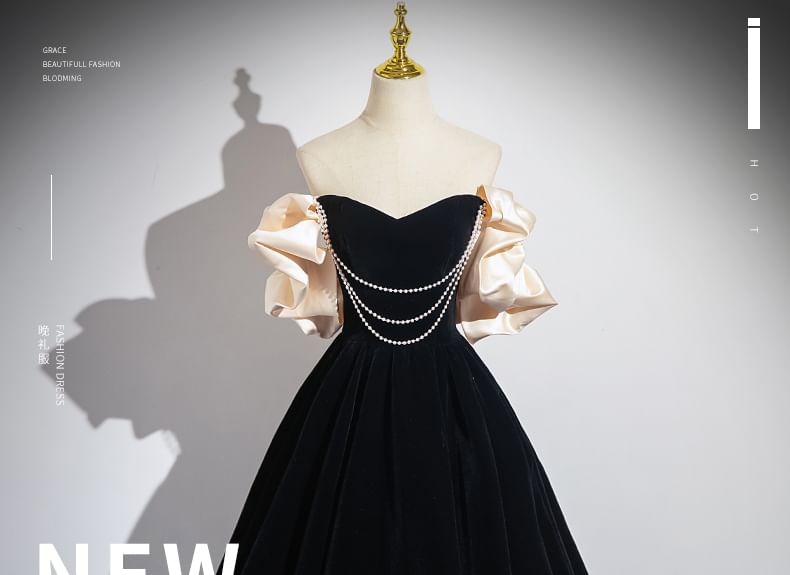 Off-Shoulder Two Tone Beaded A-Line Ball Gown