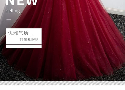 Off-Shoulder Sequin Mesh Panel A-Line Ball Gown