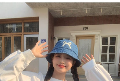 Embroidered Bow Hat Bucket Denim
