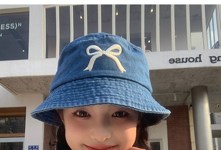 Embroidered Bow Hat Bucket Denim