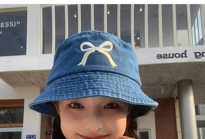 Embroidered Bow Hat Bucket Denim
