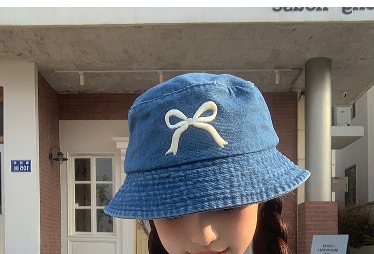 Embroidered Bow Hat Bucket Denim