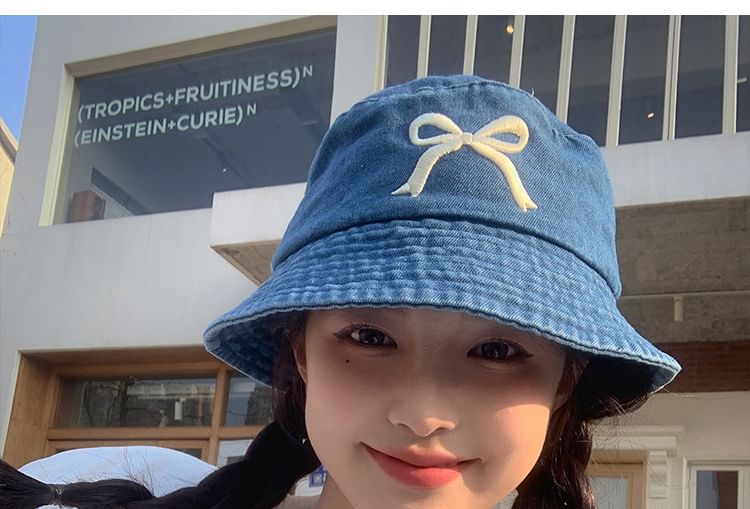 Embroidered Bow Hat Bucket Denim
