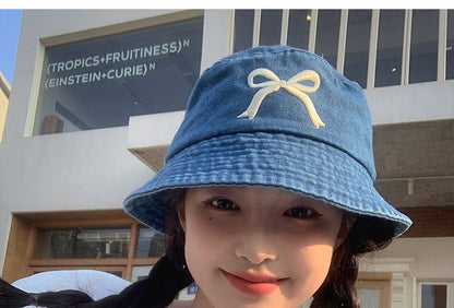 Embroidered Bow Hat Bucket Denim