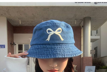 Bow Embroidered Denim Bucket Hat