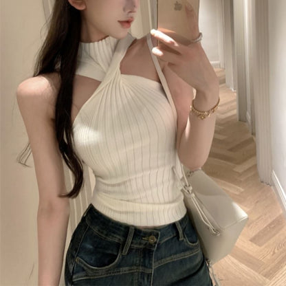 Débardeur court en tricot côtelé à col montant