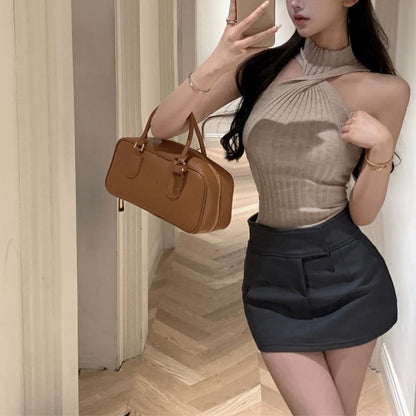 Débardeur court en tricot côtelé à col montant