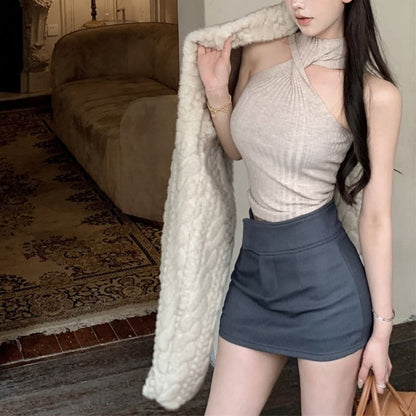 Débardeur court en tricot côtelé à col montant