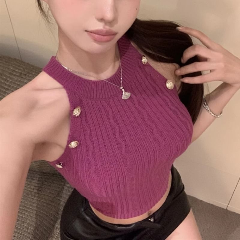 Débardeur court uni en tricot à licou