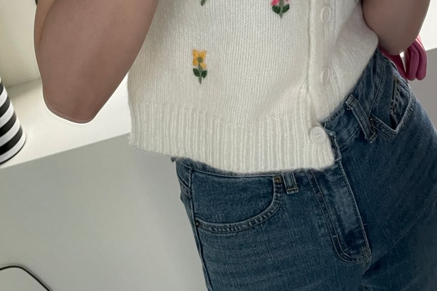 Short-Sleeve Floral Embroidered Button-Up Knit Top