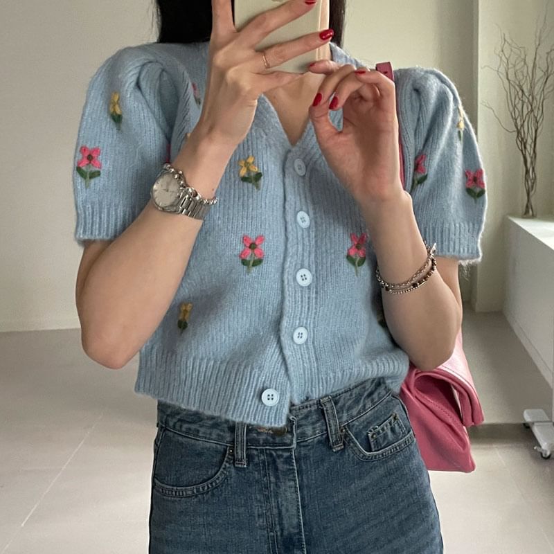 Short-Sleeve Floral Embroidered Button-Up Knit Top