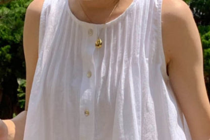 Sleeveless Plain Pintuck Button-Up Blouse